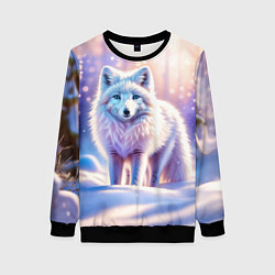 Свитшот женский Заснеженный зимний пейзаж с песцом, цвет: 3D-черный