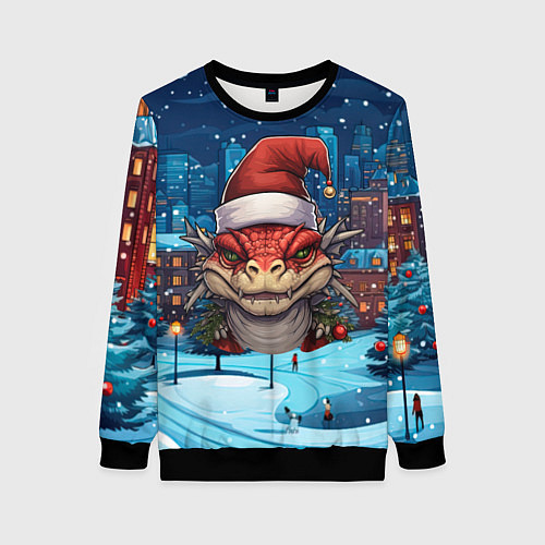 Женский свитшот Новогодний дракон 2024 зимний пейзаж / 3D-Черный – фото 1