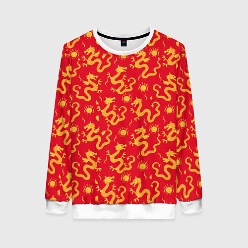 Женский свитшот Золотые драконы на красном фоне / 3D-Белый – фото 1
