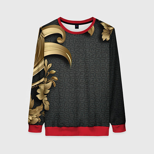 Женский свитшот Золотые объемные листья на сером фоне / 3D-Красный – фото 1