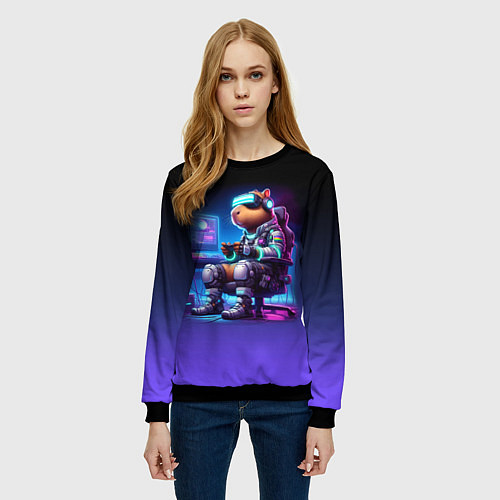 Женский свитшот Капибара в виртуальном шлеме - киберпанк / 3D-Черный – фото 3