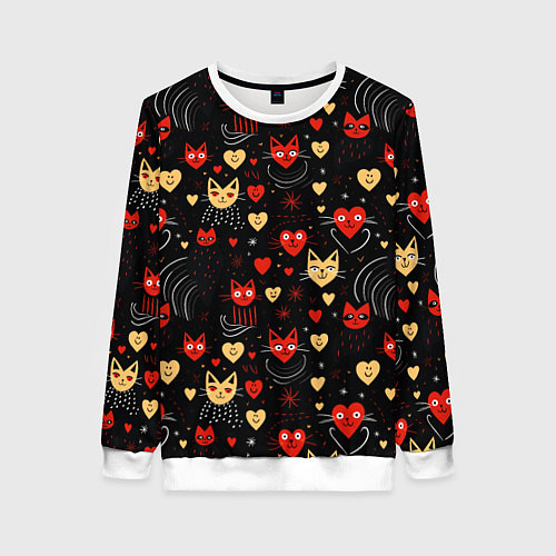 Женский свитшот Паттерн с сердечками и котами валентинка / 3D-Белый – фото 1