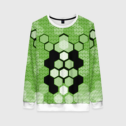 Женский свитшот Зелёная кибер броня hexagons / 3D-Белый – фото 1