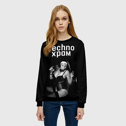 Женский свитшот Techno храм монашка с бутылкой / 3D-Черный – фото 3