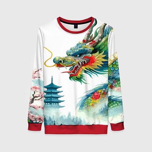 Женский свитшот Japanese watercolor dragon - art / 3D-Красный – фото 1