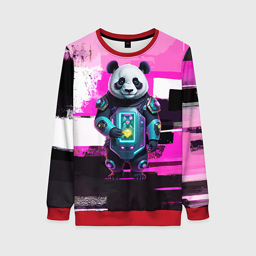 Женский свитшот Funny panda - cyberpunk / 3D-Красный – фото 1