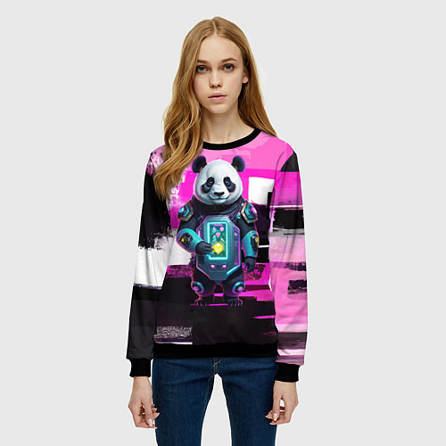 Женский свитшот Funny panda - cyberpunk / 3D-Черный – фото 3