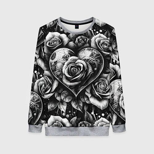 Женский свитшот Черно белое сердце и розы / 3D-Меланж – фото 1