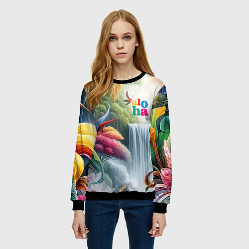 Женский свитшот Водопад в тропическом лесу - алоха / 3D-Черный – фото 3