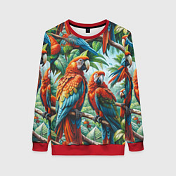 Свитшот женский Попугаи Ара - тропики джунгли, цвет: 3D-красный