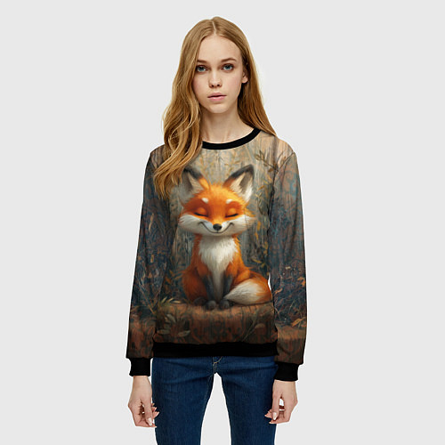 Женский свитшот Милый и довольный лисёнок / 3D-Черный – фото 3