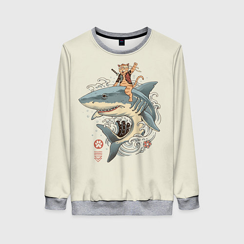 Женский свитшот Кот якудза верхом на акуле / 3D-Меланж – фото 1