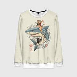 Свитшот женский Кот якудза верхом на акуле, цвет: 3D-белый