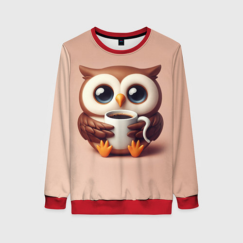 Женский свитшот Мультяшная сова держит кружку с кофе / 3D-Красный – фото 1