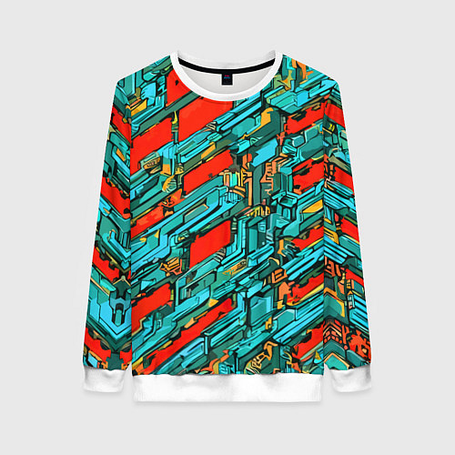 Женский свитшот Голубые фрагменты на красном фоне / 3D-Белый – фото 1