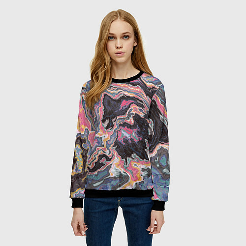 Женский свитшот Мраморный узор разноцветный / 3D-Черный – фото 3