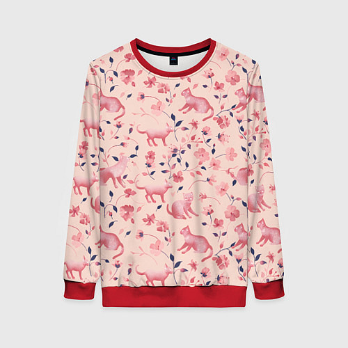 Женский свитшот Розовый паттерн с цветами и котиками / 3D-Красный – фото 1