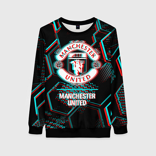 Женский свитшот Manchester United FC в стиле glitch на темном фоне / 3D-Черный – фото 1