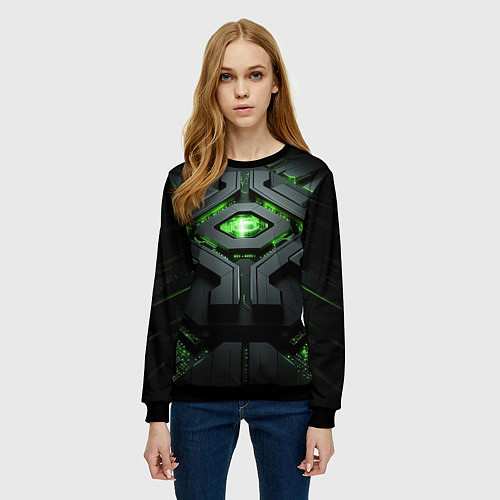 Женский свитшот Объемная абстрактная яркая зеленая фигура на черно / 3D-Черный – фото 3
