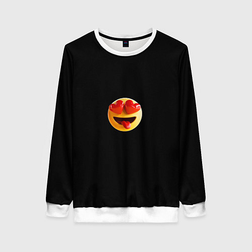 Женский свитшот Объемный влюблённый смайл улыбка с языком черном / 3D-Белый – фото 1