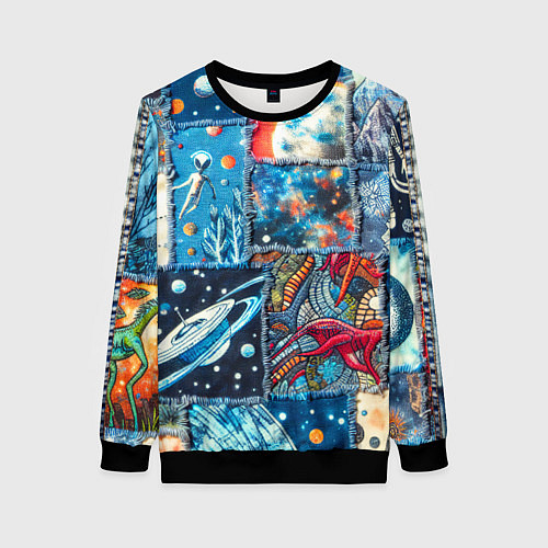 Женский свитшот Космические обитатели на дениме / 3D-Черный – фото 1