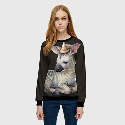 Женский свитшот Жеребенок в колпачке - милая зебра / 3D-Черный – фото 3