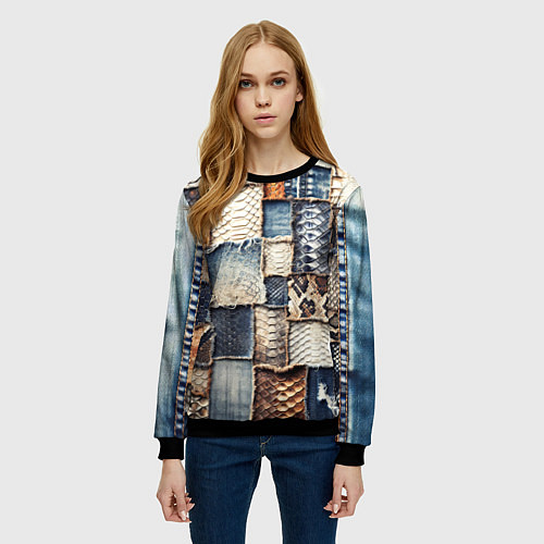 Женский свитшот Змеиная кожа - пэчворк / 3D-Черный – фото 3