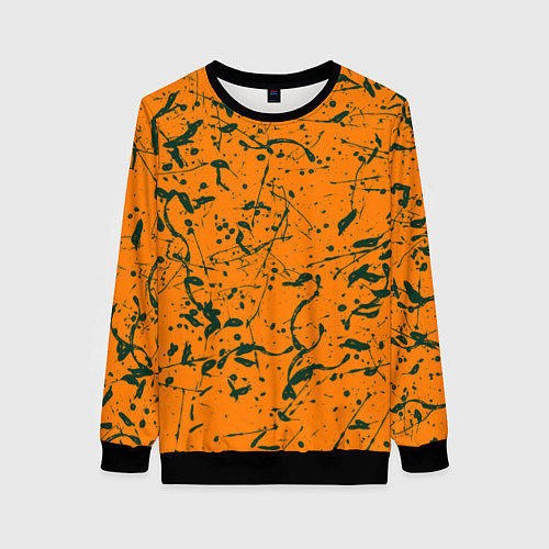 Женский свитшот Оранжевый с брызгами зеленой краски / 3D-Черный – фото 1