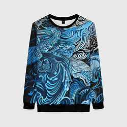 Свитшот женский Синие и белые абстрактные узоры, цвет: 3D-черный