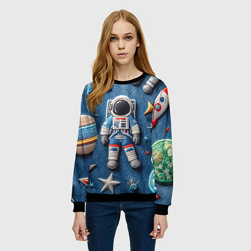Женский свитшот Космонавт - вышивка по джинсе нейросеть / 3D-Черный – фото 3