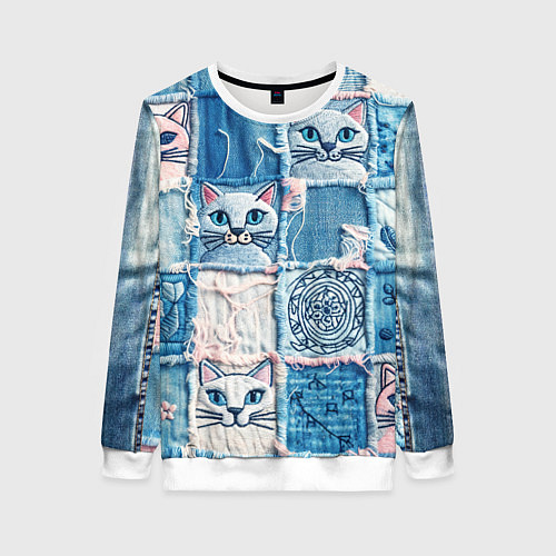 Женский свитшот Кошки на пэчворк джинсах паттерн / 3D-Белый – фото 1