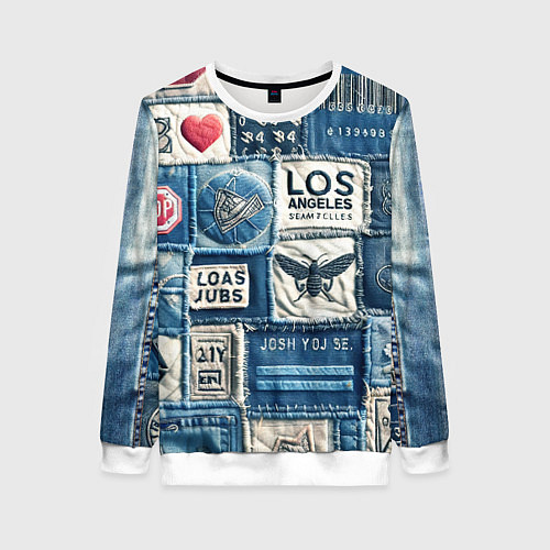 Женский свитшот Лос Анджелес на джинсах-пэчворк / 3D-Белый – фото 1