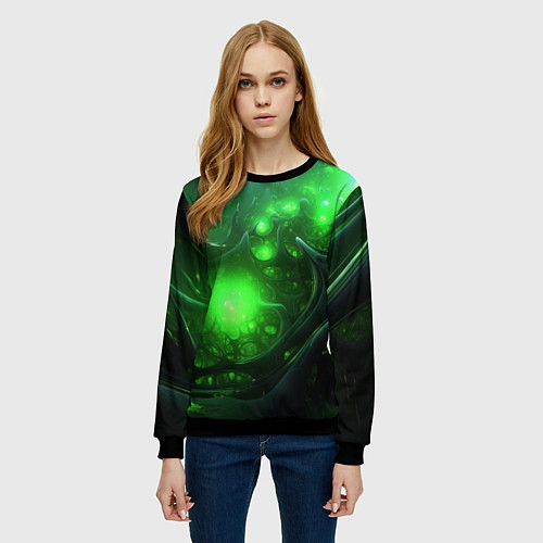 Женский свитшот Зеленая кислотная яркая неоновая абстракция / 3D-Черный – фото 3