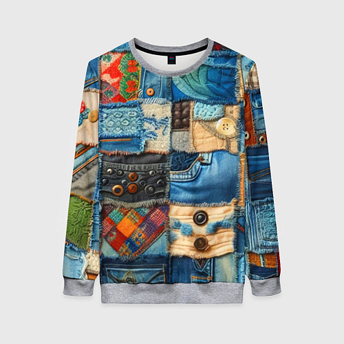 Женский свитшот Vanguard denim patchwork - ai art / 3D-Меланж – фото 1