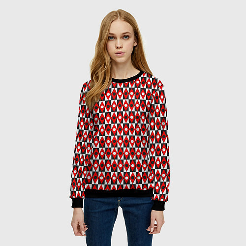Женский свитшот Чёрно-белые ромбы и круги на красном фоне / 3D-Черный – фото 3
