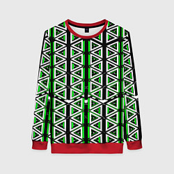 Свитшот женский Бело-зелёные треугольники на чёрном фоне, цвет: 3D-красный