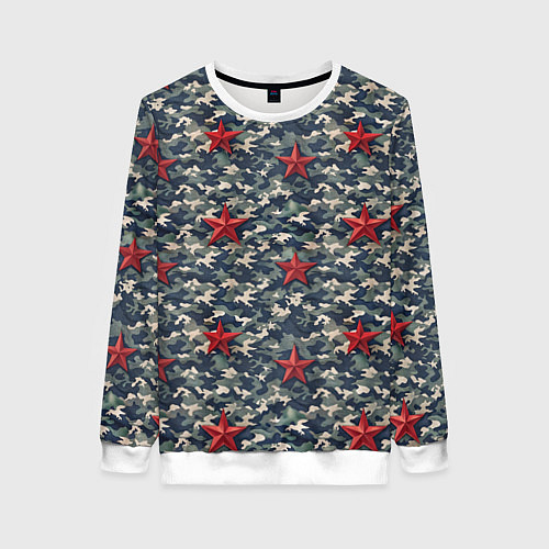 Женский свитшот Красные звезды на камуфляже / 3D-Белый – фото 1