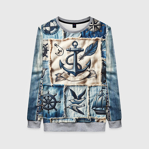 Женский свитшот Пэчворк с якорем - джинсовка моряка / 3D-Меланж – фото 1