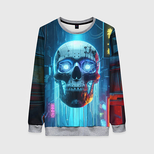 Женский свитшот Cyber skull - neon glow ai art / 3D-Меланж – фото 1