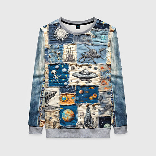 Женский свитшот Джинсовый пэчворк с пришельцами / 3D-Меланж – фото 1