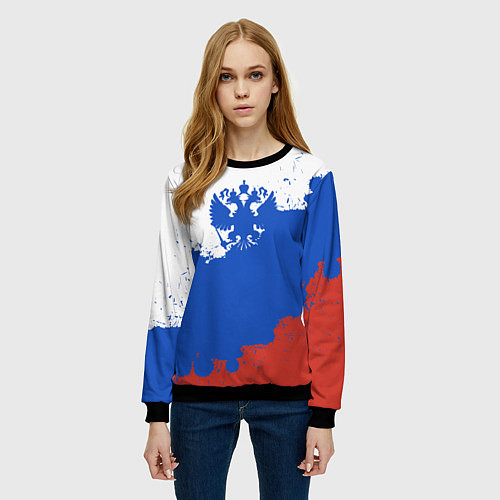 Женский свитшот Российский триколор и герб / 3D-Черный – фото 3