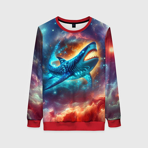 Женский свитшот Космическая неоновая акула - нейросеть / 3D-Красный – фото 1
