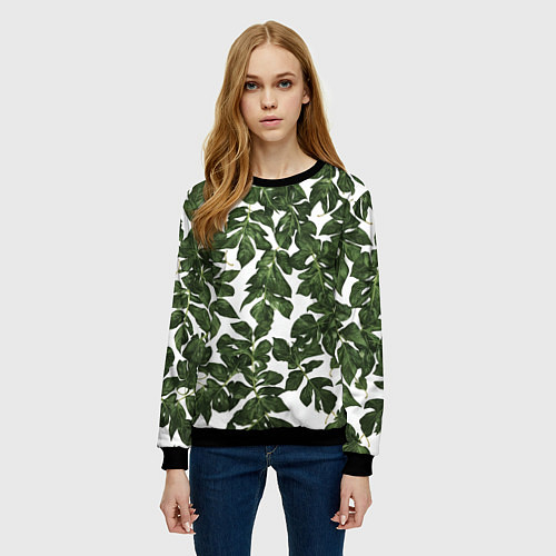 Женский свитшот Зеленые листочки на белом фоне / 3D-Черный – фото 3