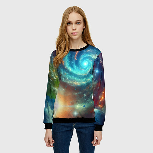 Женский свитшот Неоновая далёкая галактика - нейросеть / 3D-Черный – фото 3