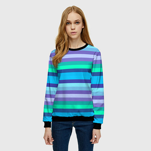 Женский свитшот Горизонтальные полосы холодных цветов / 3D-Черный – фото 3