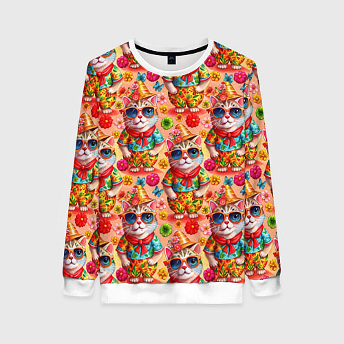 Женский свитшот Коты и летний вайб паттерн / 3D-Белый – фото 1