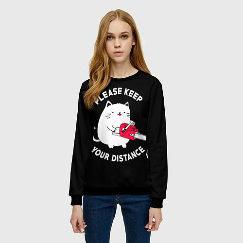 Женский свитшот Белый кот с электропилой / 3D-Черный – фото 3