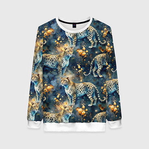 Женский свитшот Леопард и золотые капли на синем фоне / 3D-Белый – фото 1