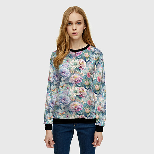 Женский свитшот Цветы и бабочки летний паттерн / 3D-Черный – фото 3