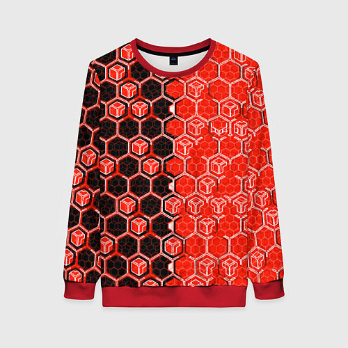 Женский свитшот Техно-киберпанк шестиугольники красный и чёрный / 3D-Красный – фото 1